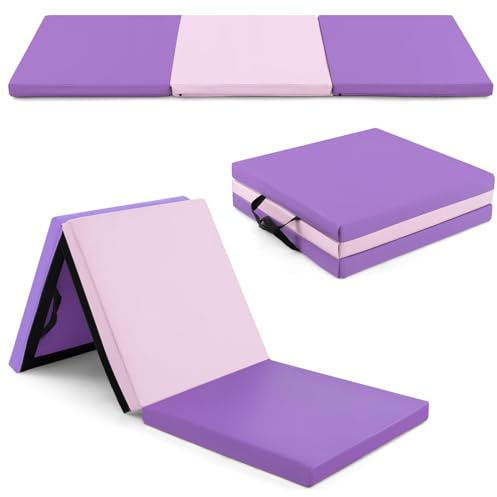 GYMAX Tapis de Gymnastique Épais Pliable 180x60x5cm, Combinaisonable avec Attache Auto-Agrippante, Housse en Simili Cuir, Portable avec Poignées de Transport, pour Yoga, Fitness, Étirement