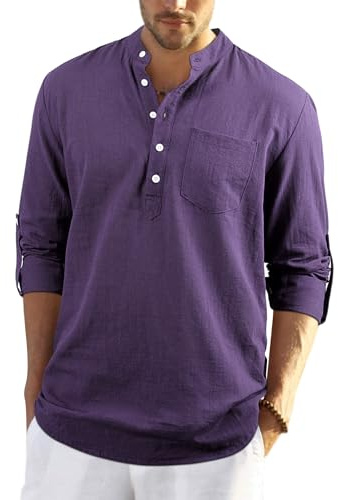 Enlision Uomo Camicia in Lino di Cotone Manica Lunga Henley Shirt con Bottoni Casual Hawaii in Tinta Unita Maglietta T-Shirt da Uomo per Interni Spiaggia Hippie