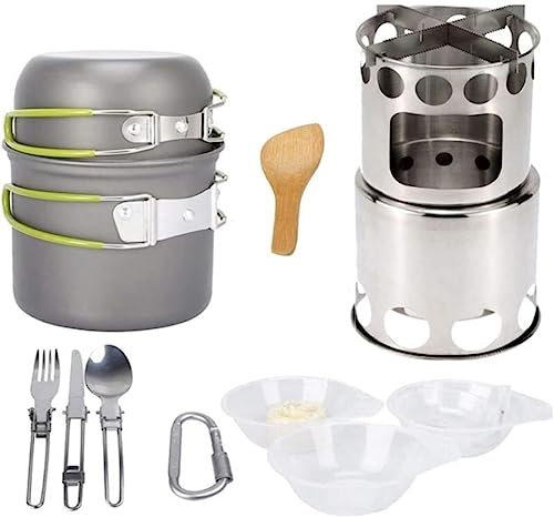 DEEDAV Camping Kochgeschirr Campingkocher, Outdoor-Kochgeschirr, Kochset, Faltbar, Camping-Topf-Set, Schüsseln, Löffel, Gabel, Kochset Wandern Trekking (Color : Grün, Size : 14.5 * 17 * 14.5cm)