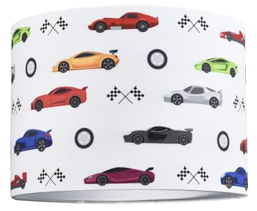 Modern and Colourful Racing Cars Kids Cotton Fabric Round Drum Lamp Shade | 25cm Diameter | 60w Maximum | Inner Cotton Lining by Happy Homewares