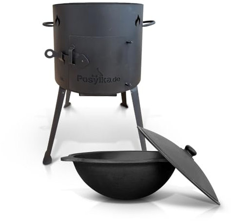 Utschak KazanoFF - Hornillo de hierro fundido con tapa (10 L) KazanoFF, Учаг, exterior, brasero, camping, kazán, cañón de goulash (juego 2)