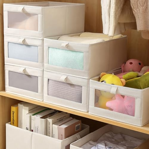HOTOOLME Wardrobe Organiser Foldable Linen Drawer Storage Box 4 Pack | with Clear Window,Fabric,for T-Shirts,Jeans,Underwear