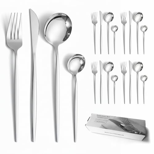 Cutlery Set for 5 ，20-Piece Stainless Steel Knifes and Forks Spoons Coffee Spoons Sets ，Gold Flatware Set ，Dishwasher Safe Mirror-Polished Suitable for Homes, Restaurants, Hotels (Silver)