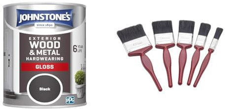 Johnstone's Exterior Hardwearing Gloss - Black 750ml & Fit For The Job 5 pc Mixed Sizes Paint Brush Set for a Smooth Finish with Emulsion, Gloss