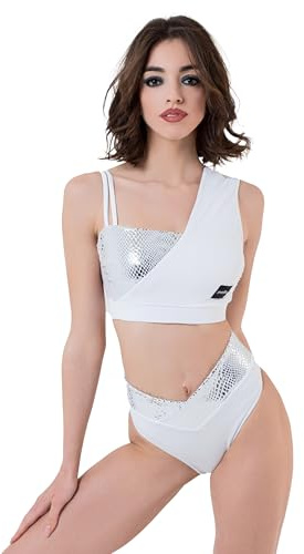 Invertika Completo Sportivo Donna Pole Dance Top Double-Face Elegante & Slip Effetto Push Up (IT, Testo, M, Bianco E Argento)