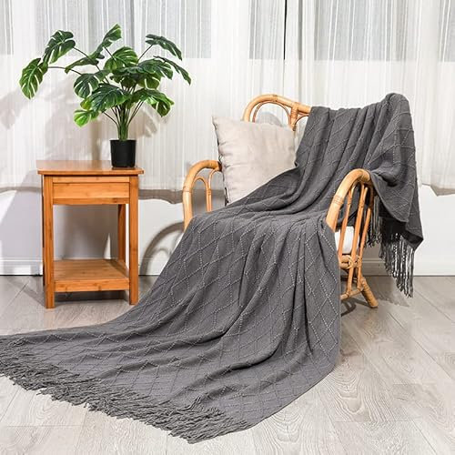 Wohndecke Boho Decke Volltonfarbe Gestrickte Decke mit Quasten Weich Strick Wolldecke Böhmische Fleecedecke Kuscheldecke Warm Weiche Sofadecke Tagesdecke Couch Decke Überwurfdecke 130x230 cm