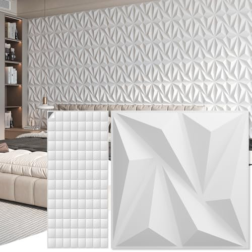 Art3d 3D-Wandpaneele Innenwanddekoration mit Klebeband PVC-Diamant für Wohnzimmer Lobby Schlafzimmer Hotel Büro 30 x 30 cm 20 Stück Weiß