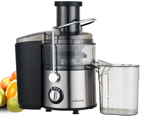 SOKANY Spremiagrumi per frutta e verdura, 800 W, con efficienza ottimizzata, grande apertura di riempimento da 65 mm, 2 livelli di velocità, facile da pulire, nero/acciaio inox