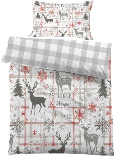 Parure de lit pour Enfant et BéBé Cerf Noël Gris, Housse de Couette 100x135 cm Bebe Flocons Neige à Carreaux et Taie d'oreiller 40x60 cm Réversible Ensemble de Literie Linge de Lit pour Tout-Petits