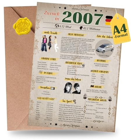 Sugeru Besondere Geburtstagskarte mit Umschlag | Jahrgang Geschenk | geburtstag frau mann | Geburtstagsdeko lustig,Tolle Geschenkidee,Chronik,Karte,Jubiläum- DIN A4 (2007)