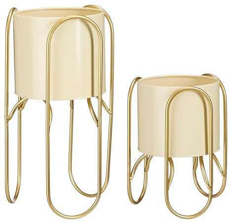 MICA Decorations Donau Cache-Pot sur Pied - Lot de 2 - Métal - H45 x Ø23 cm - Jaune Clair, Doré