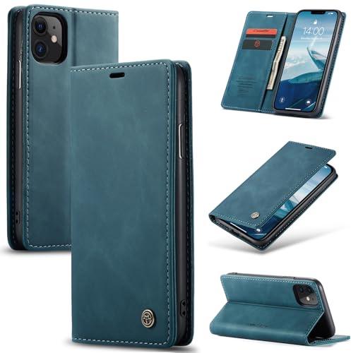 Cracedily Coque pour iPhone 11 6,1 Pouces Pochette, Etui Protection Housse Premium en Cuir PU, Etui à Rabat Pochette de Portefeuille Étui pour iPhone 11 Case, Bleu Vert