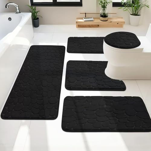Heavyoff Badezimmerteppich Set 5 Teilig, Weiche Badvorleger Set | rutschfest Waschbar Badematte und U Förmige wc Vorleger, Schwarz