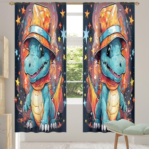 Mexpekil Tenda trasparente per finestra, motivo: dinosauro e stelle, set di 2 pannelli, tende in voile per soggiorno, camera da letto, ufficio, camera dei bambini, tende per finestre, 140 x 200 cm di