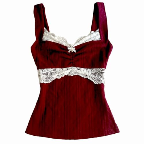 Kvinnor Y2K spetskant cami-topp vintage V-hals ärmlös spagettirem kami väst 2000-tals estetisk sommar smal passform linne linne streetwear, B Claret, S