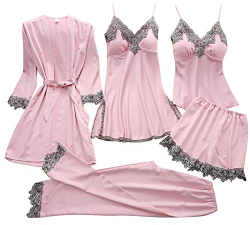 Generisk nattkläder för kvinnor, set med sexig 5 delar, nattklänning, långärmad bekväm ventilerande pyjamas, spets, trim, sovklänning, sexig sovklänning, långa pyjamasbyxor spets i ett stycke, siden