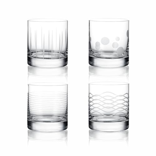 Brilant Asort Wassergläser Set - 4 Verschiedene Kristall-Trinkgläser mit Einzigartigen Gravierten Designs für Saft, Cocktail, Whiskey, Bleifrei, Geschenkfertig verpackt, EU Handarbeit - 4er-Set, 300ml