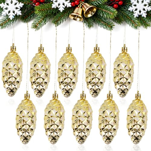 Joxessaien 10 Stück Christbaumschmuck Zapfen Gold, Baumschmuck Weihnachten Zapfen, Schmuck Weihnachtsbaum, Christbaumschmuck zum Anhängen für Weihnachtsdeko