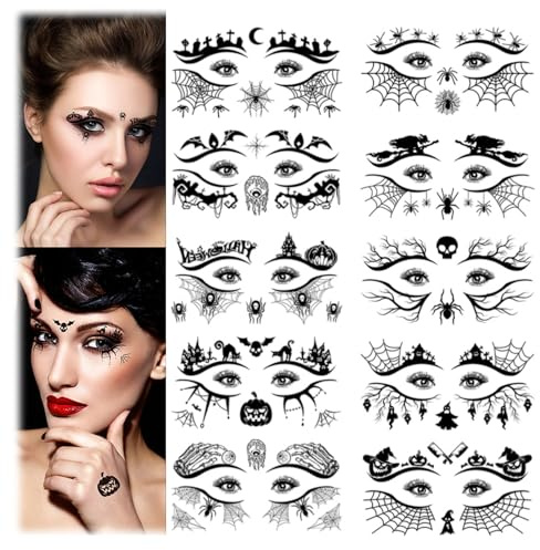 Halloween Augen Tattoo - 10 Blätter Temporäre Gesichtstattoo Halloween, Halloween Make Up Tattoo für Party, Treat or Trick, Halloween Temporäre Tattoos