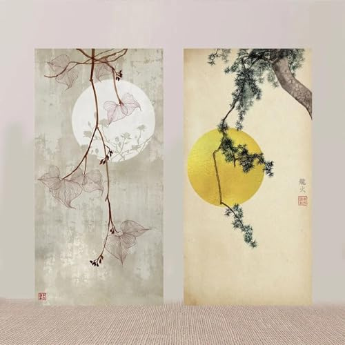 LIMAIDUO Lienzo dorado con ramas de pino y flor de cerezo de Sakura, impresión de paisaje asiático, floral oriental, zen, Feng Shui, decoración, póster, 20 x 40 cm x 2 cm, color negro