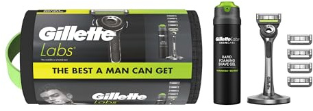 Gillette Labs With Exfoliating Bar Razor, 1 Handle, 5 Blades, Includes Premium Magnetic Stand, Gillette Labs Shave Gel, Washbag Gift set