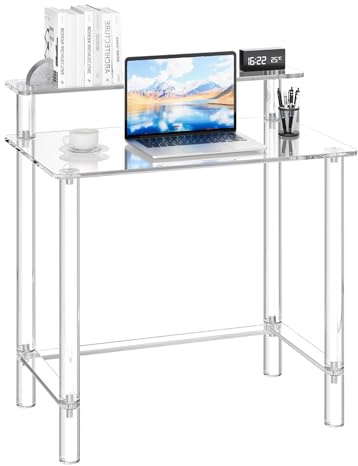 VEVOR Mesa Auxiliar de Acrílico de 2 Niveles 50 x 80 x 88 cm, Mesita Transparente con Soporte para Monitor, Escritorio para Ordenador Carga de 60 kg para Oficina, Sala de Estar, Dormitorio, Estudio