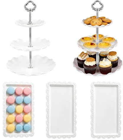 PRITOK 3 Tier Cupcake Stand: 5 Pieces Plastic Cake Stand Set with Appetizer Trays, Tiered Serving Tray Cake Stand, for Parties, Birthday, Wedding, Home Decor Bridal Shower (Round Silver)