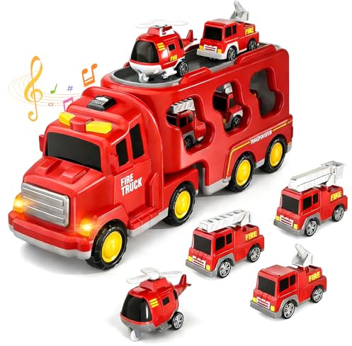 Tmefoy Camion Pompier Jouet Camion de Pompiers 5 en 1 pour Enfants Jouet de Camion Pompier avec 4 Véhicules de Pompiers, Sons et Lumières Transporteur à Friction Cadeau pour 3 4 5 6 Ans Garcon Filles