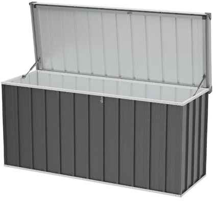DKIEI 600L Metal Garden Storage Box with Password Padlock | Lockable Large Outdoor Storage Box Waterproof, XXL Outside Garden Boxes for Cushions, Tools, Equipment, 156x61x75 cm, Carbon Black