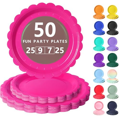 Nkaiso Pappteller, 50 Stück Rosarot Wellkanten Einwegteller Set | Partygeschirr Kindergeburtstag Set Mit 23cm Partyteller und 18cm Dessertteller, Elegantes Einwegteller