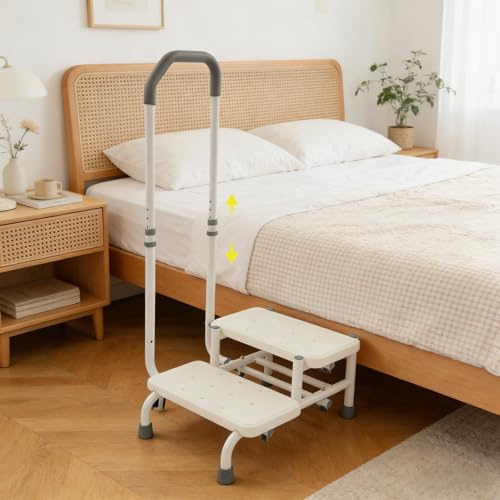 Marchepied de sécurité mobile pour personnes âgées, antidérapant, réglable en hauteur, avec 2 marches, poignée d'appui et roulettes, pour entrée de baignoire et lits, jusqu'à 136 kg