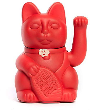 Maneki Neko Gatto Portafortuna Giapponese con Zampa Mobile Figurina Dipinta a Mano Decorazione Casa Ufficio Ingresso Idea Regalo Fortuna Prosperità Felicità Feng Shui (ROSSO FRAGOLA, L (12x9x18cm))
