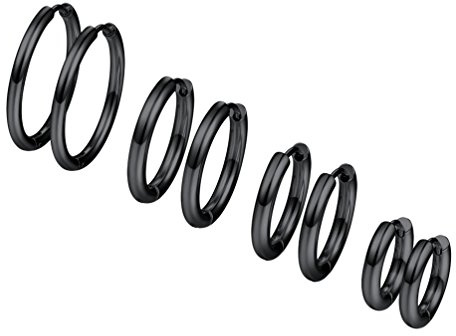 PROSTEEL 4 Paare Creolen Ohrringe Set Huggie Kreolen Ohrringe Edelstahl Hoop Klappcreolen Ohr Piercing 10mm 14mm 16mm 20mm 4 Größe Set, schwarz