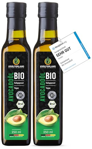 Kräuterland Bio Avocadoöl 2x250ml (500ml) kaltgepresst natives Speiseöl | GVO-frei, 100% naturrein ohne Zusatzstoffe, mühlenfrisch für Salat, Dressing, Dips, ofengemüse, schonendes Braten & Dünsten