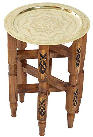 Casa Moro - Tavolino da tè Orientale, in Stile Marocchino, con Vassoio in Ottone Ø 40 cm, Realizzato a Mano, in Legno, con Vassoio Colore Oro Karam 40