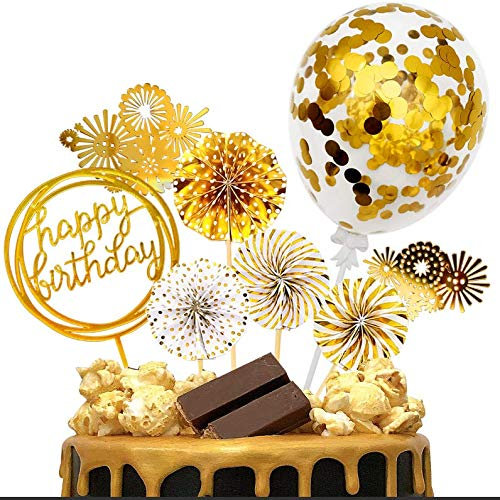 iZoeL Gold Birthday Cake Decoration Happy Birthday Cake Topper Paper Fans Banner Confetti Balloon Fireworks Golden Cupcake Topper for Gold Theme Party Decor Girl Boy Kid Women Man