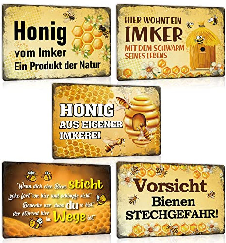 5er Set Vintage Blechschild - HONIG AUS EIGENER IMKEREI SCHILD - Bienen Metallschild mit Spruch - Verkaufsschild Reklameschild Werbeschild Wand-schild Deko Geschenk 20x30cm