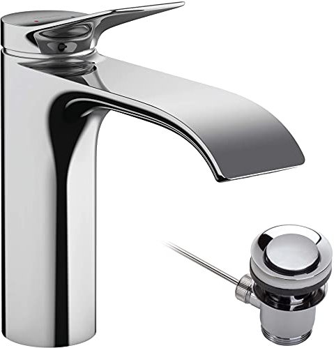hansgrohe Vivenis - Waschtischarmatur mit Zugstangen-Ablauf, Wasserhahn Bad mit Auslauf Höhe 110 mm, Mischbatterie Waschbecken wassersparend (EcoSmart), Chrom, 75020000