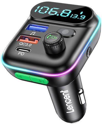 LENCENT Transmisor FM Bluetooth 5.0,Manos Libres Reproductor Música Coche, Adaptador Radio Bluetooth 2 USB+Tipo C Carga Rápida, Soporte Memoria USB