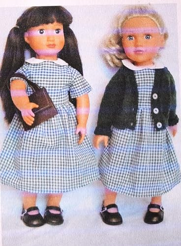 Green gingham school dress with knitted cardigan, bag and shoes to fit 18 dolls eg Designafriend, Our Generation