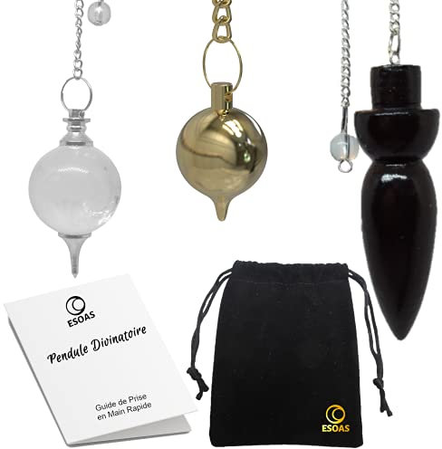 PENDULE DIVINATOIRE RADIESTHESIE, Lot de 3, Égyptien bois + Goutte Métal Laiton + Boule Cristal de Roche Quartz, Idéal Sourcier, Géobiologie, Voyance, Magnétiseur [GARANTIE A VIE]