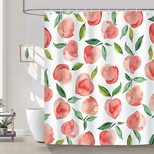 Bonhause Duschvorhang Pfirsich Frucht Grüne Blätter Duschvorhänge 180 x 180 cm Anti-Schimmel Wasserdicht Polyester Stoff Waschbar Bad Vorhäng für Badzimmer mit 12 Haken