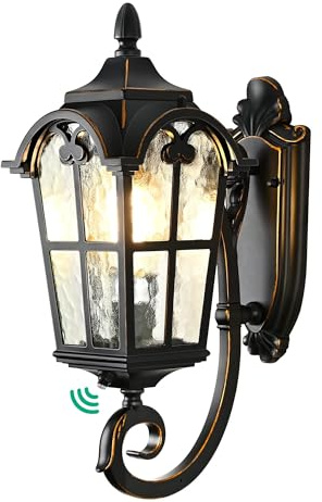 EDISHINE Dusk to Dawn Outdoor Wall Light, 17 Exterior Light Fixture Wall Lantern, Black Roman Porch Light Wall Lamp with Water Ripple Glass, Waterproof Wall Mount Sconce for Porch, Garage, Patio