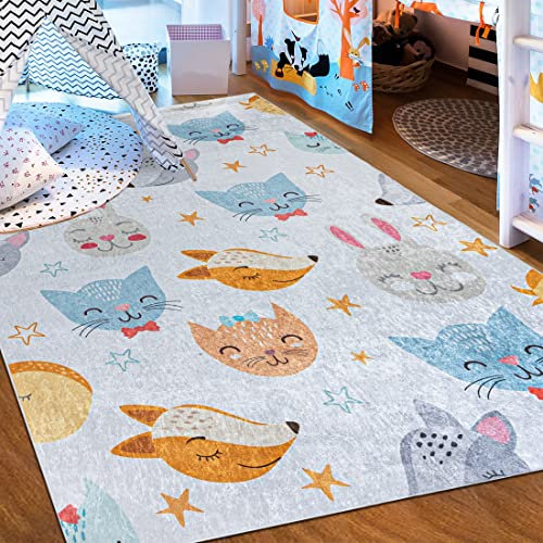 Mazovia Kinderzimmerteppich Antirutsch - Waschbar bis 30 Grad - Fuchs Tiere - Kurzflor Kinderteppich Teppich für Kinderzimmer - ÖKO-TEX - Teppiche Junge Mädchen Bunt Grau 80 x 150 cm