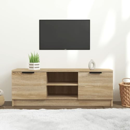 homiuse Meuble TV Chêne Sonoma 102x35x36,5 cm Bois d'ingénierie Unité TV Design Epuré Armoire TV Bibliothèque Salon Meuble de Télévision Etagère de Rangement Cadres Photo Plantes Livres