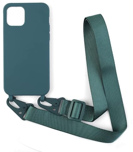 PuYu Zhe Compatible With iPhone 12/12 Pro Case,Soft Matte Silicone TPU Crossbody Cover with Adjustable Neck Cord Lanyard Strap,Slim Stylish Shockproof Lanyard Case-Dark Green