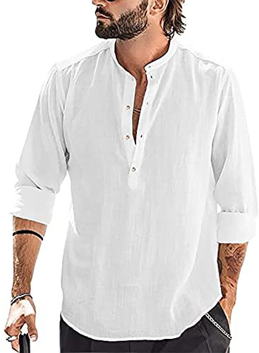 YAOBAOLE Chemise Lin Homme Manches Longues Col Mao Chemise Homme Manche Courte Été Chemises Henley Hommes Blanc XL