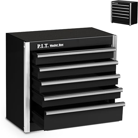 P.I.T. Mini-Werkzeugkasten, tragbar, 5 Schubladen, Mikro-Rollkabine, Stahl, stapelbar, mit Innenfutter, schwarzer kleiner Werkzeugkoffer für Werkzeugaufbewahrung und Organizer, Heimwerker
