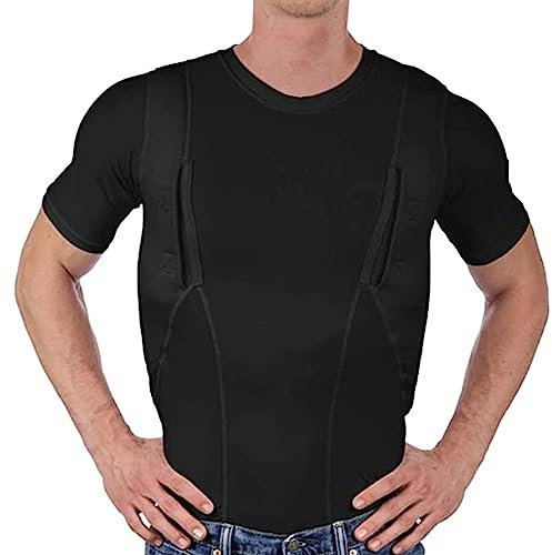 HONGCUICUI Herren-T-Shirt Mit Verdecktem Lederholster, Holster-Hemd, Verdecktes Tragen, Kompression, Rundhalsausschnitt, Eng Anliegend, Atmungsaktiv (2XL,Schwarz)