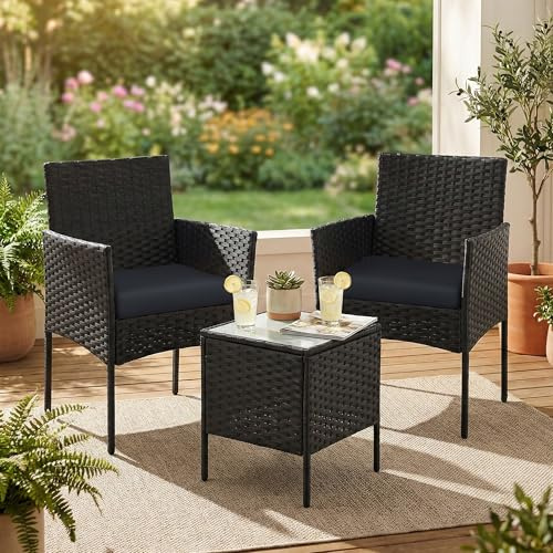 SONGMICS Balkonmöbel, Gartenmöbel-Set, Tisch und 2 Stühle, PE-Polyrattan | Lounge-Set, Terrassenmöbel, Outdoor, für Terrasse, Balkon, Garten, schwarz-grau, FUNLAND Kollektion GGF003B02